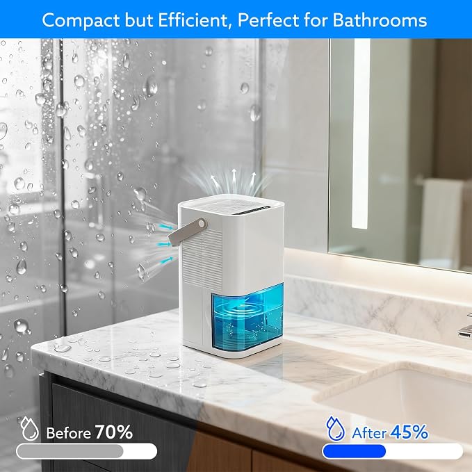 Dehumidifier Dual Core Compact Quiet for Home. Portable, Auto Shut OFF, 57OZ Water Tank. Delay-Off Timer and Ambient Light.