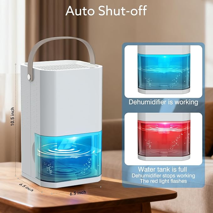 Dehumidifier Dual Core Compact Quiet for Home. Portable, Auto Shut OFF, 57OZ Water Tank. Delay-Off Timer and Ambient Light.