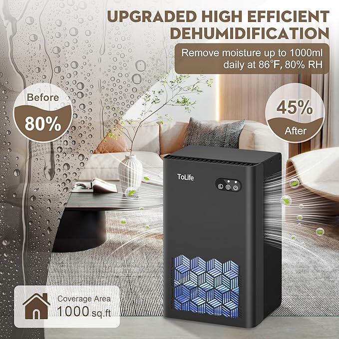 Dehumidifier for Home, 1000 sq.ft Dehumidifiers for Basement Bedroom Bathroom with 95 OZ Water Tank, Auto Shut Off 7 Colors