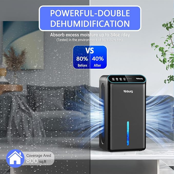 Dehumidifier for Home 1000 sq.ft - Small Quiet Dehumidifier with Auto Shut Off, Aromatherapy, 3 Gear Timer, Sleep Mode