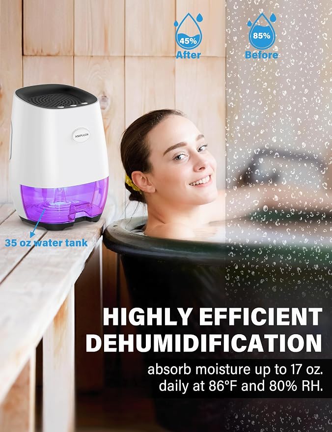 Dehumidifiers for Home, 35oz Small Dehumidifier for Bathroom (300sq.ft) with Auto-off, Sleep Mode, 7 Colors Night Light