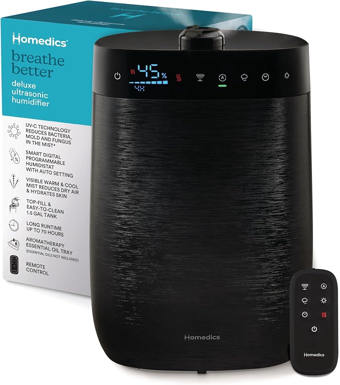 Deluxe Ultrasonic Humidifier for Large Rooms, Warm or Cool Mist, UV-C Technology, 1.5-Gallon Top Fill Tank, product image