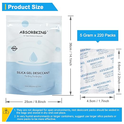 Desiccant Packs – 5 Gram 220 Packs Moisture Absorbers, Food Grade Desiccant with Color Indicating, Premium Desiccant Packs