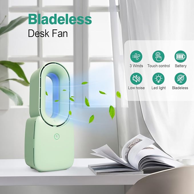 Desk Fan, 11.8 Inch Bladeless Fan Small Table Fan Air Cooler, Portable Rechargeable Breeze Quiet Fan with Touch Control