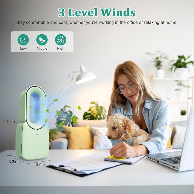 Desk Fan, 11.8 Inch Bladeless Fan Small Table Fan Air Cooler, Portable Rechargeable Breeze Quiet Fan with Touch Control