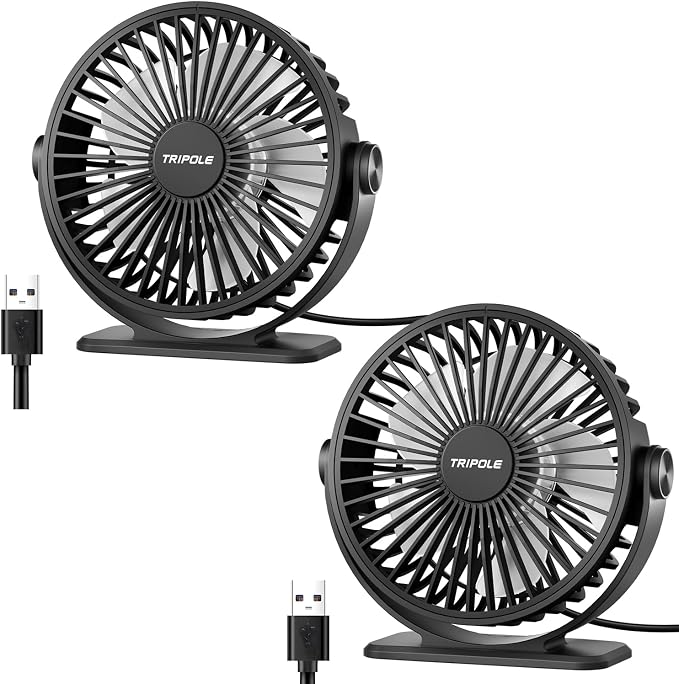 Desk Fan 2 Pack Black USB Powered Small Portable Fan, 3 Speeds Adjustable Strong Breeze Mini Personal Fan, 360° Rotation