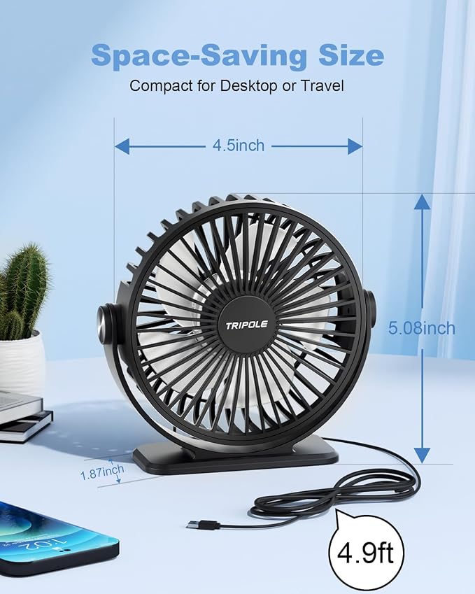 Desk Fan 2 Pack Black USB Powered Small Portable Fan, 3 Speeds Adjustable Strong Breeze Mini Personal Fan, 360° Rotation