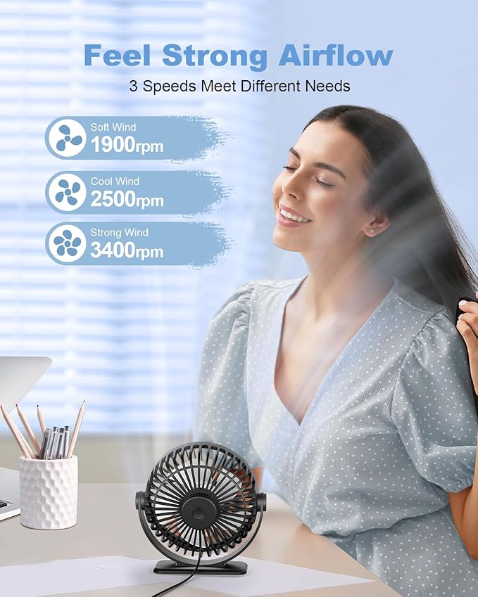 Desk Fan 2 Pack Black USB Powered Small Portable Fan, 3 Speeds Adjustable Strong Breeze Mini Personal Fan, 360° Rotation