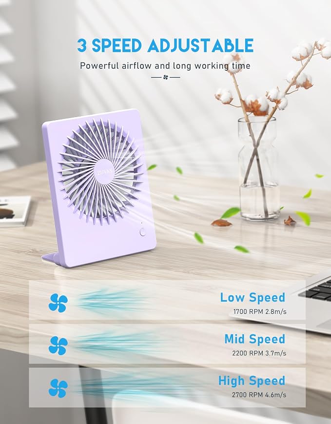 Desk Fan Battery Operated Fan Rechargeable 180°Tilt Folding Personal Fan Ultra Quiet Small Portable 3 Speed Adjustable Strong