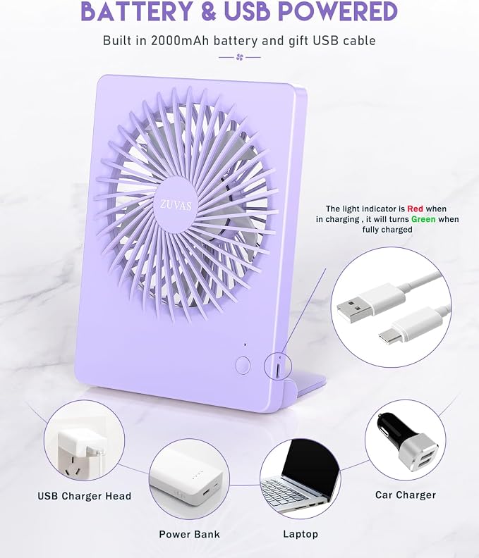 Desk Fan Battery Operated Fan Rechargeable 180°Tilt Folding Personal Fan Ultra Quiet Small Portable 3 Speed Adjustable Strong