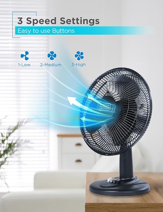Desk Fan for Home and Office, 12” Fan with 3 Speed Settings, Oscillating Portable Fan for Office Desk, Table Top and Kitchen