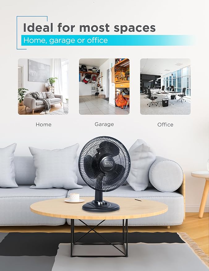 Desk Fan for Home and Office, 12” Fan with 3 Speed Settings, Oscillating Portable Fan for Office Desk, Table Top and Kitchen