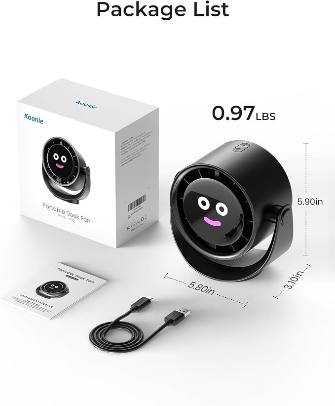 Desk Fan, LED Display Mini Table Fan, Rechargeable Personal Fan with 4000mAh Battery, Max. 17H Use, 5 Speeds, 360°Tilt, USB-C