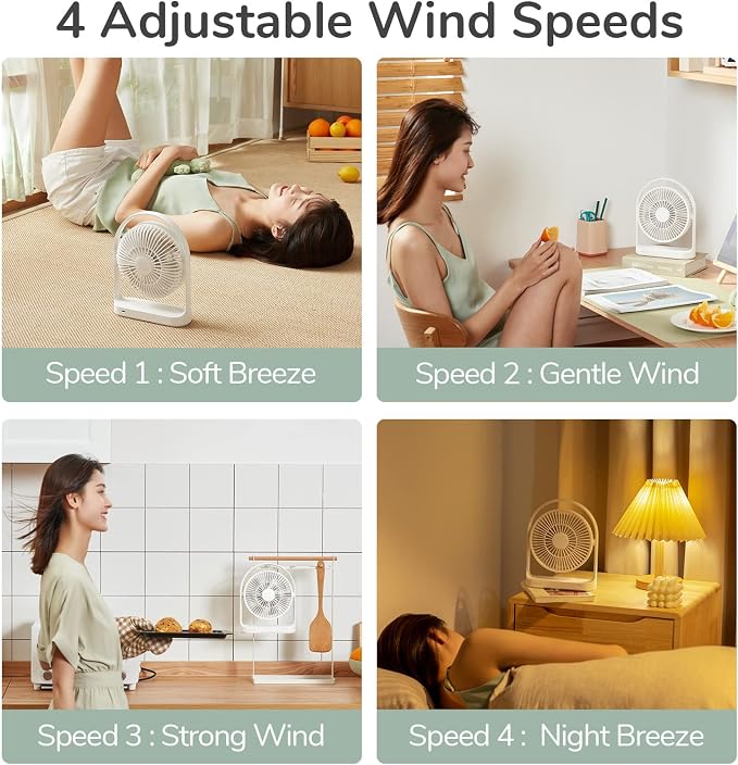 Desk Fan, Small Portable Battery Operated Desktop and 4000mAh USB Rechargeable Electric Table Fan with 4 Speeds, Max 15 Hrs
