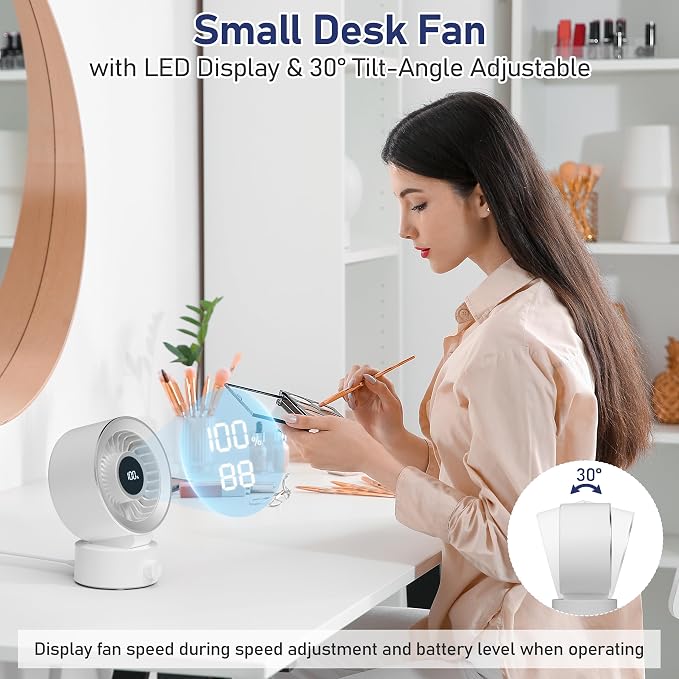 Desk Fan Small Quiet: Table Fan Rechargeable with 1200mAh Battery & USB Powered, Portable for Office Bedroom Home Desktop
