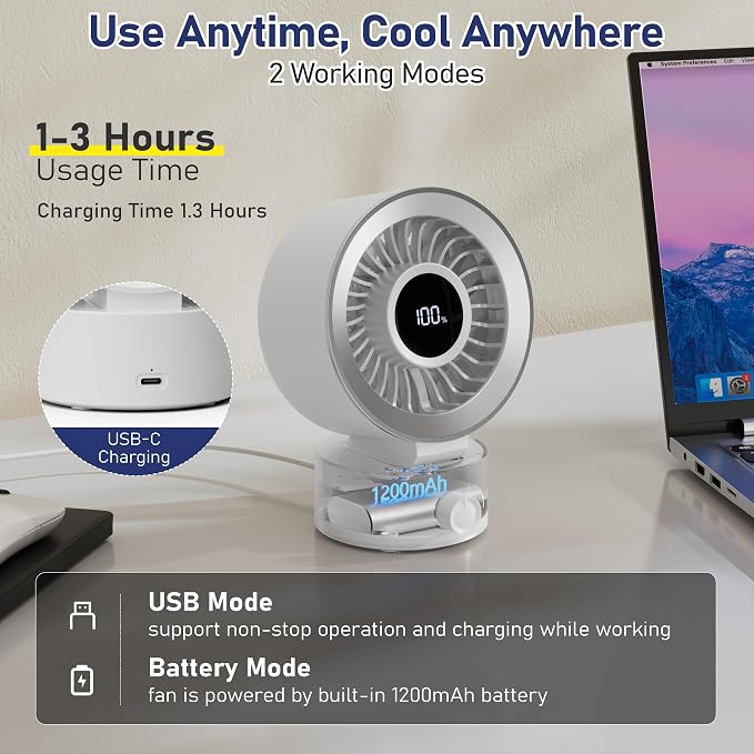 Desk Fan Small Quiet: Table Fan Rechargeable with 1200mAh Battery & USB Powered, Portable for Office Bedroom Home Desktop