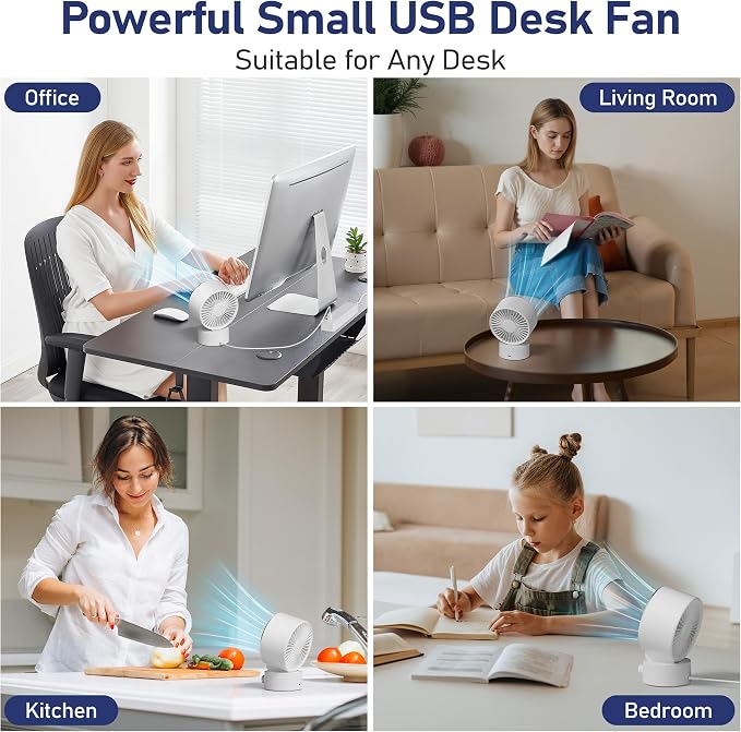 Desk Fan Small Quiet: Table Fan Rechargeable with 1200mAh Battery & USB Powered, Portable for Office Bedroom Home Desktop