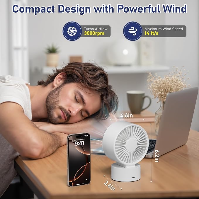 Desk Fan Small Quiet: Table Fan Rechargeable with 1200mAh Battery & USB Powered, Portable for Office Bedroom Home Desktop