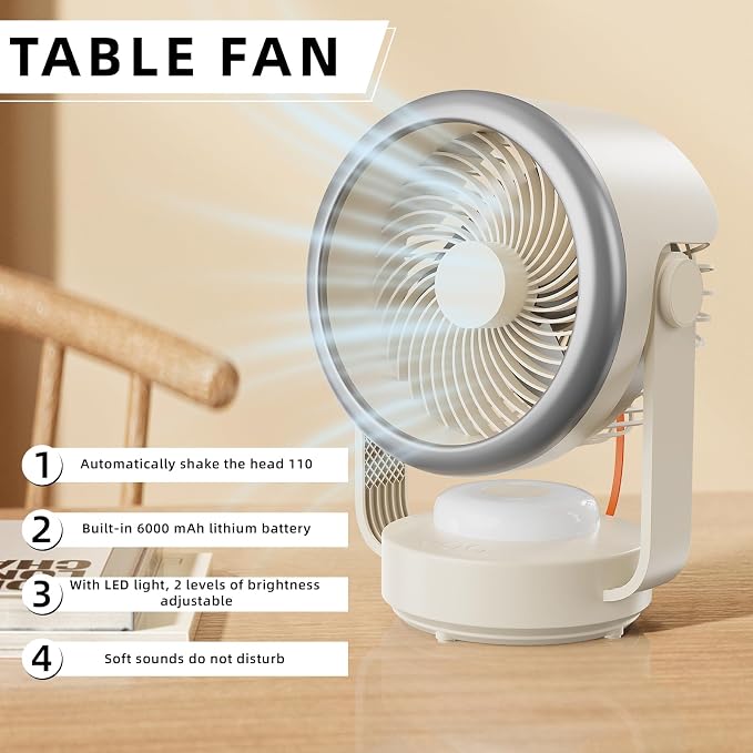 Desk Fan,Table Fans,7 inch Fan for Bedroom,Super Silent,Portable Rechargeable Desk Fans,Fan for Office,With LED light,4
