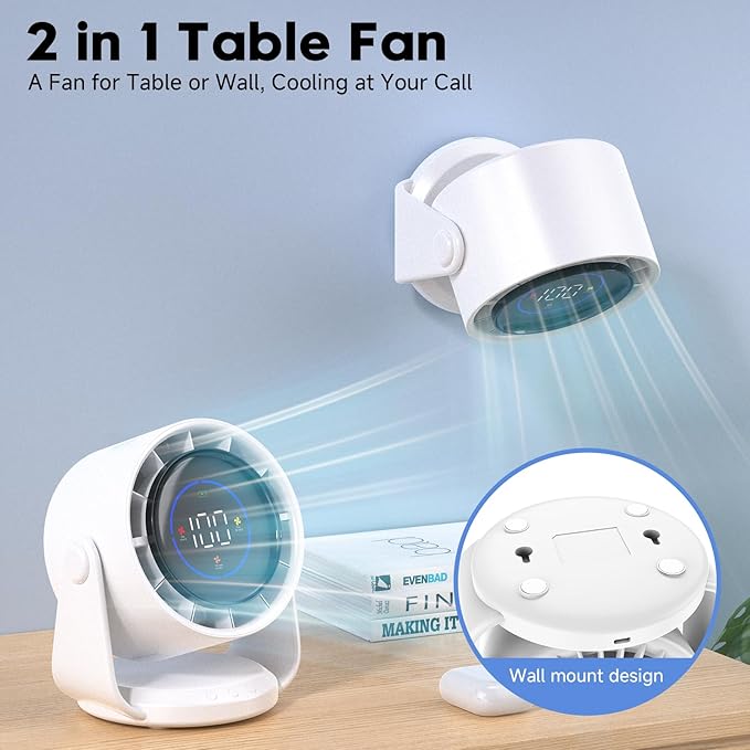Desk Fan, Turbo Table Fan for Bedroom, 100-Speed Digital Display, Low Noise, 105° Adjustable Tilt, 7.5-inch, Rechargeable