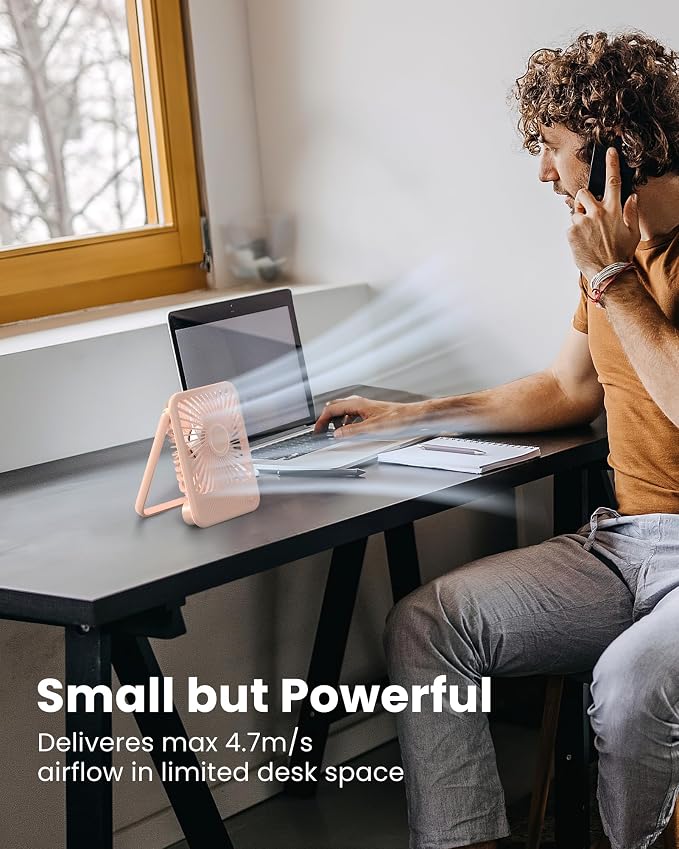 Desk Fan, Ultra Quiet 2.5-11h Battery Operated Small USB Fan with Strong Wind, 180° Tilt Folding and 3 Speeds, alternate view