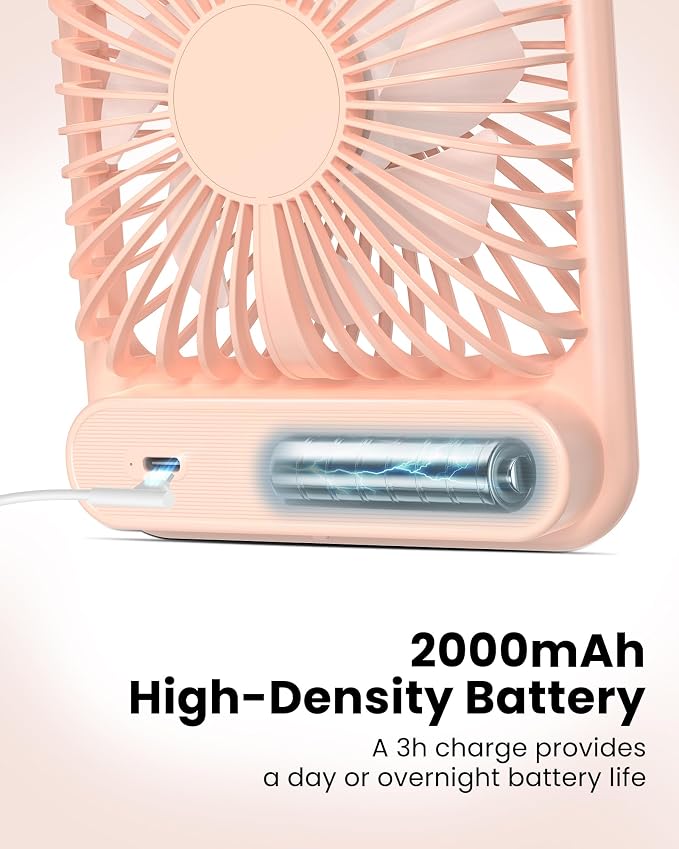Desk Fan, Ultra Quiet 2.5-11h Battery Operated Small USB Fan with Strong Wind, 180° Tilt Folding and 3 Speeds, alternate view