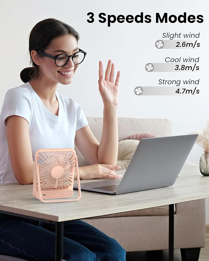 Desk Fan, Ultra Quiet 2.5-11h Battery Operated Small USB Fan with Strong Wind, 180° Tilt Folding and 3 Speeds, alternate view