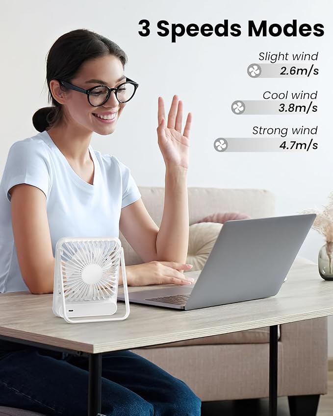 Desk Fan, Ultra Quiet 2.5-11h Battery Operated Small USB Fan with Strong Wind, 180° Tilt Folding and 3 Speeds, alternate view