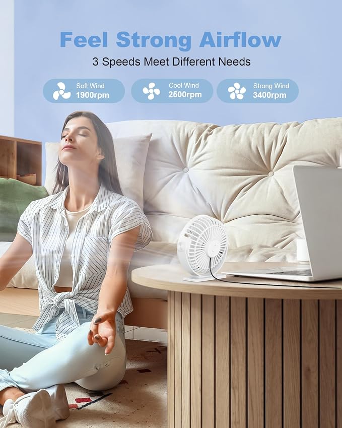 Desk Fan USB Powered Mini Portable Fan, 3 Speeds Adjustable Strong Breeze Personal Desktop Fans, 360° Rotation Quiet Plug In