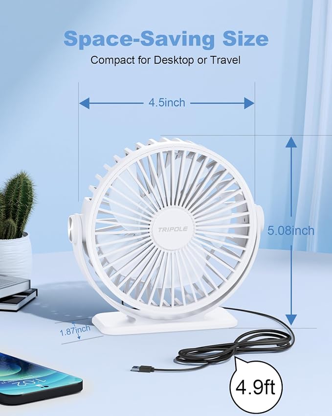 Desk Fan USB Powered Mini Portable Fan, 3 Speeds Adjustable Strong Breeze Personal Desktop Fans, 360° Rotation Quiet Plug In