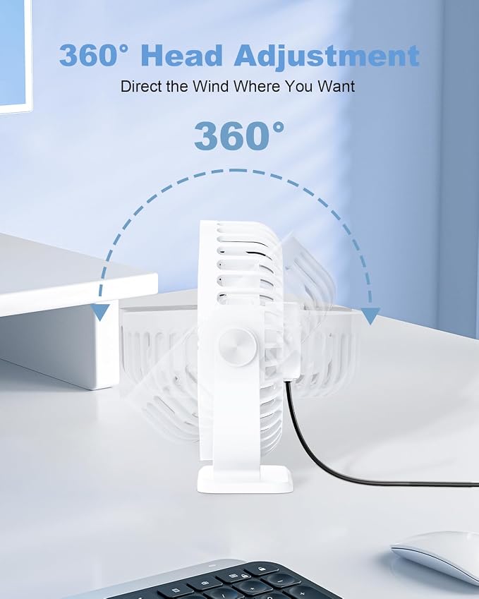Desk Fan USB Powered Mini Portable Fan, 3 Speeds Adjustable Strong Breeze Personal Desktop Fans, 360° Rotation Quiet Plug In