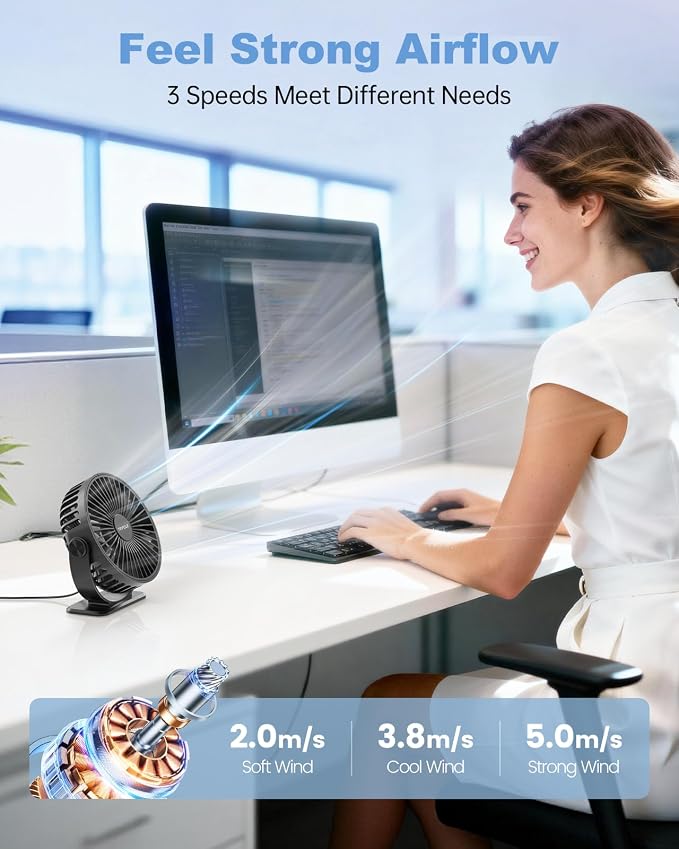 Desk Fan USB Powered Small Portable Fan, 3 Speeds Adjustable Strong Breeze Mini Personal Fans, 360° Rotation Quiet Plug In