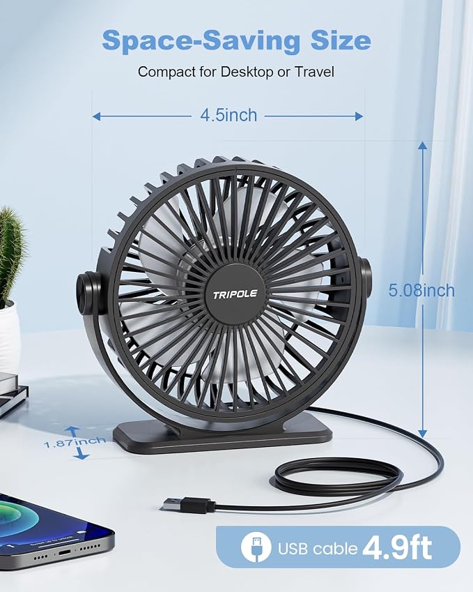 Desk Fan USB Powered Small Portable Fan, 3 Speeds Adjustable Strong Breeze Mini Personal Fans, 360° Rotation Quiet Plug In