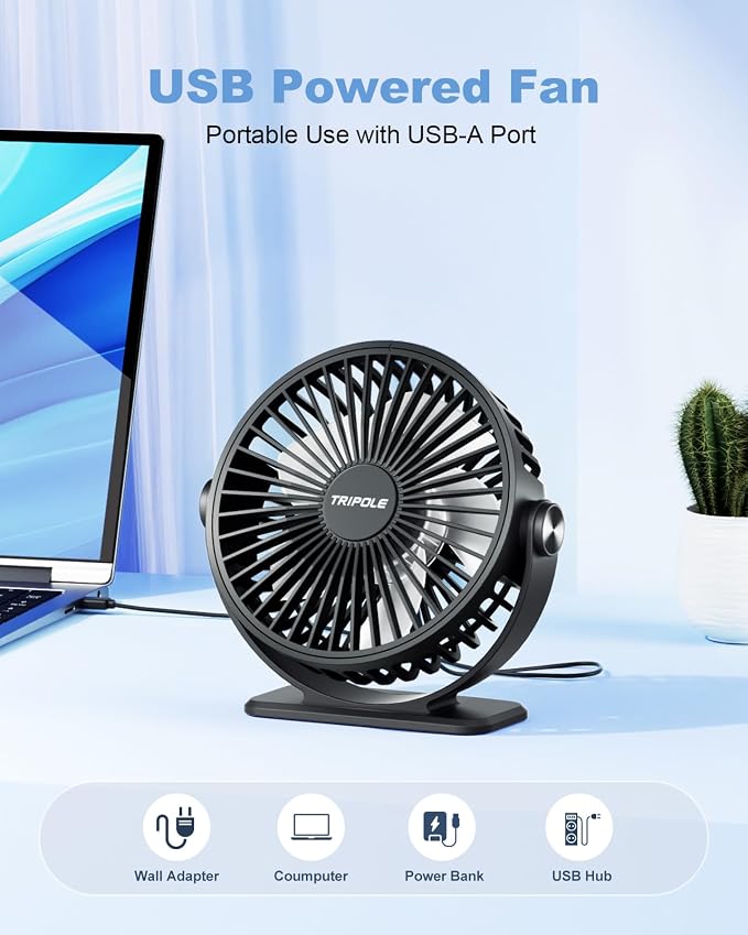 Desk Fan USB Powered Small Portable Fan, 3 Speeds Adjustable Strong Breeze Mini Personal Fans, 360° Rotation Quiet Plug In