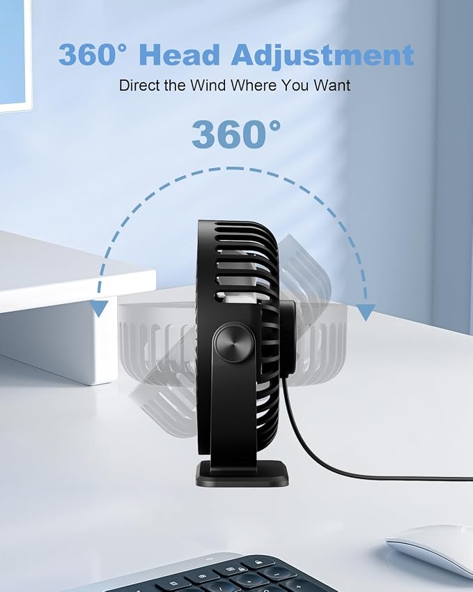 Desk Fan USB Powered Small Portable Fan, 3 Speeds Adjustable Strong Breeze Mini Personal Fans, 360° Rotation Quiet Plug In