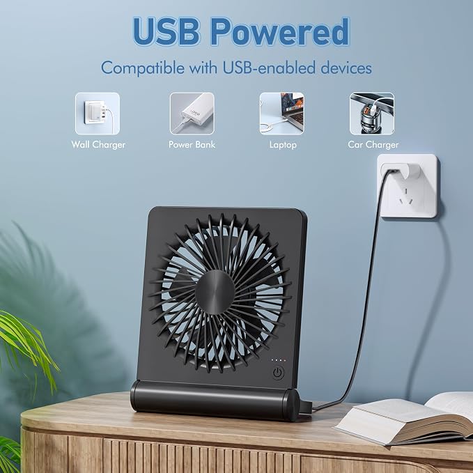 Desk Fan USB Powered with 3 Speeds Adjustable Strong Wind, Ultra Quiet Mini Personal Fan USB-C Corded Powered,220° Tilt