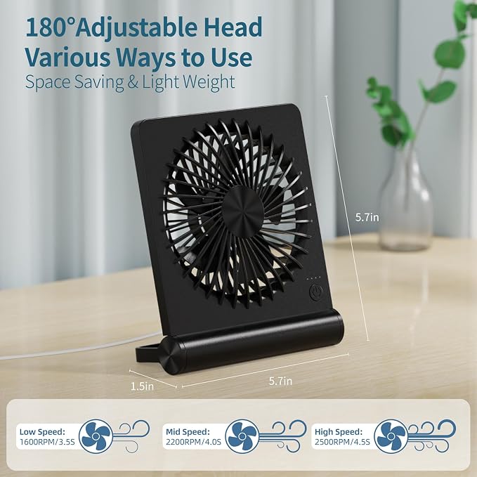 Desk Fan USB Powered with 3 Speeds Adjustable Strong Wind, Ultra Quiet Mini Personal Fan USB-C Corded Powered,220° Tilt