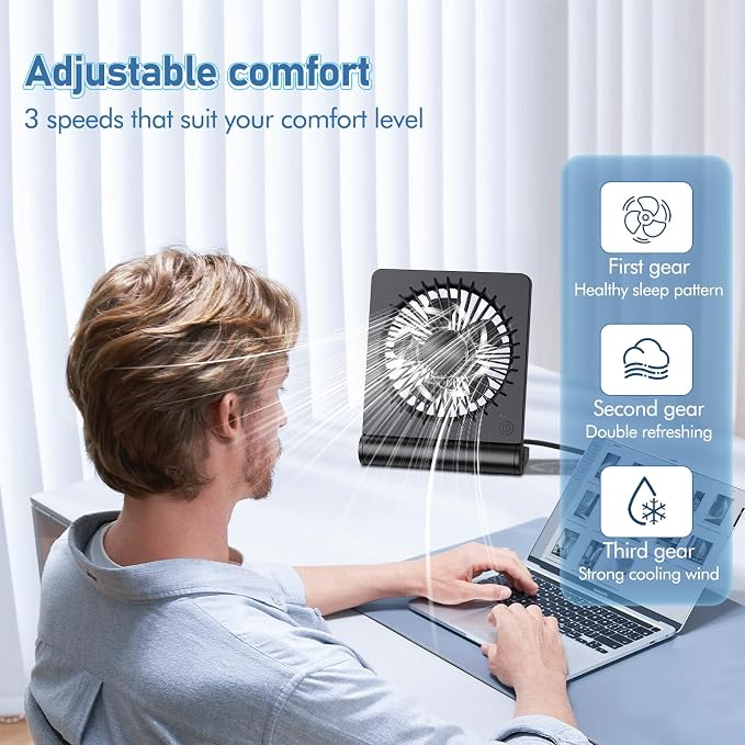 Desk Fan USB Powered with 3 Speeds Adjustable Strong Wind, Ultra Quiet Mini Personal Fan USB-C Corded Powered,220° Tilt