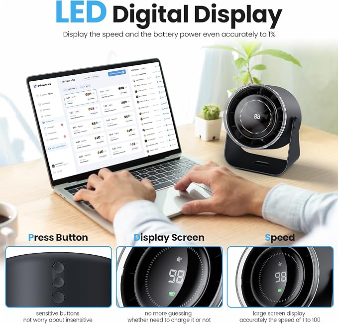 Desk Fan with Battery Operated, Quiet Digital Display Portable Fan for Office, Bedroom, Kitchen, Home, Outdoor, 100 Speeds