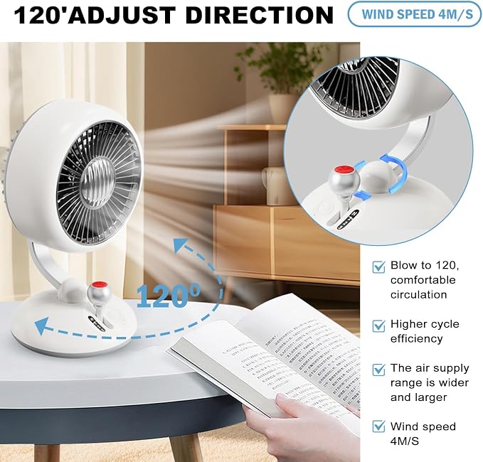 Desk Fan with Night Light, 9 Inch Air Circulator Fan with 3 Speed, 45° Tilt, 120° Oscillation, Quiet Table Fan, alternate