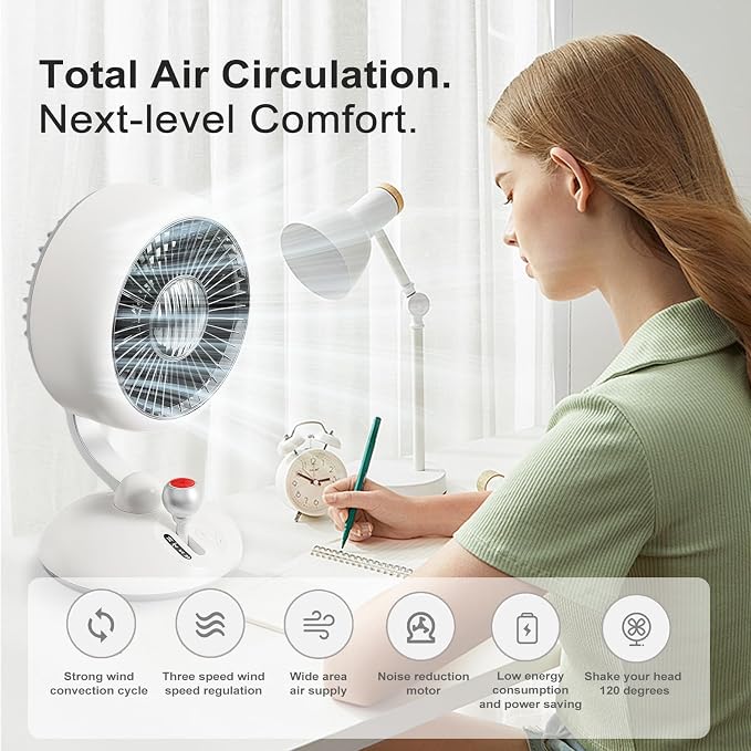 Desk Fan with Night Light, 9 Inch Air Circulator Fan with 3 Speed, 45° Tilt, 120° Oscillation, Quiet Table Fan, alternate