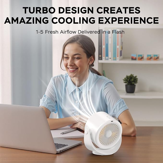 Desk Fans for Bedroom, Strong Airflow Turbo Quiet Small USB Fan, 17hrs Running, 360° Rotate & 5 Speeds, 4000mAh Battery