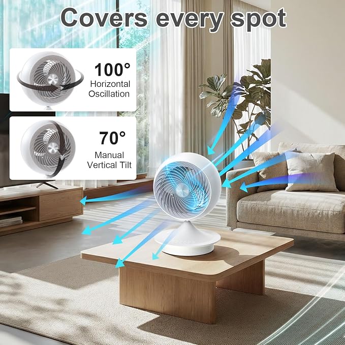 Desk Fans for Bedroom with Light, 13 Inch Table Air Circulator Fans, Oscillating Fan for Whole Room, 70° Vertical and 100°