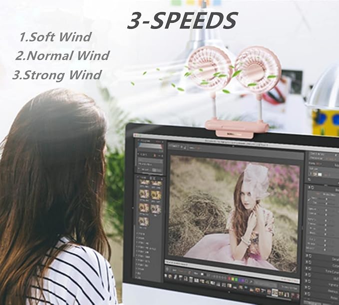 Desktop Fan, Monitor Clip on Fan with 2 Fan Heads, 3 Speeds Office Desk fan USB Powered Cooling Fan with Sturdy Adjustable