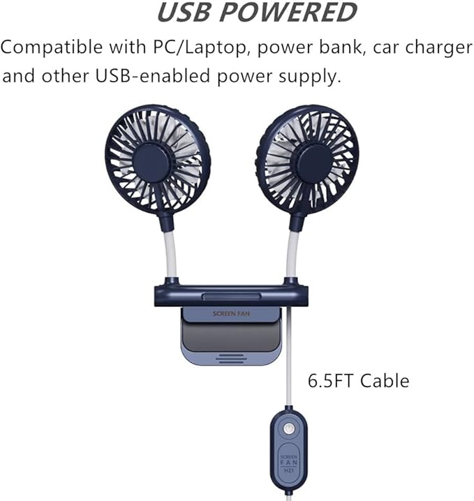 Desktop Fan, Monitor Clip on Fan with 2 Fan Heads, 3 Speeds Office Desk fan USB Powered Cooling Fan with Sturdy Adjustable