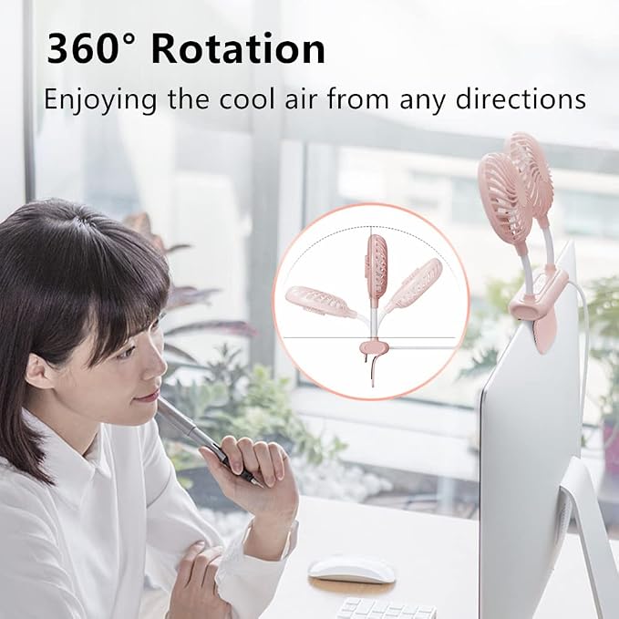 Desktop Fan with 2 Rotatable Heads, 3 Speeds, Sturdy Clamp, USB Powered Cooling Fan for Office Desk & Laptop 1 inches Pink