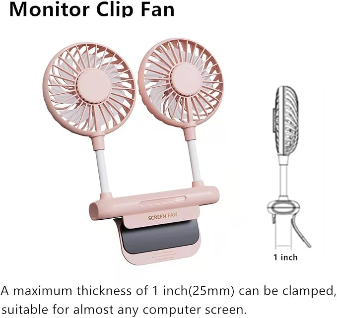 Desktop Fan with 2 Rotatable Heads, 3 Speeds, Sturdy Clamp, USB Powered Cooling Fan for Office Desk & Laptop 1 inches Pink