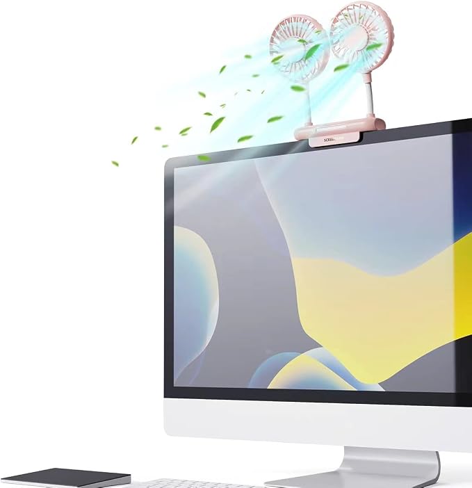 Desktop Fan with 2 Rotatable Heads, 3 Speeds, Sturdy Clamp, USB Powered Cooling Fan for Office Desk & Laptop 1 inches Pink
