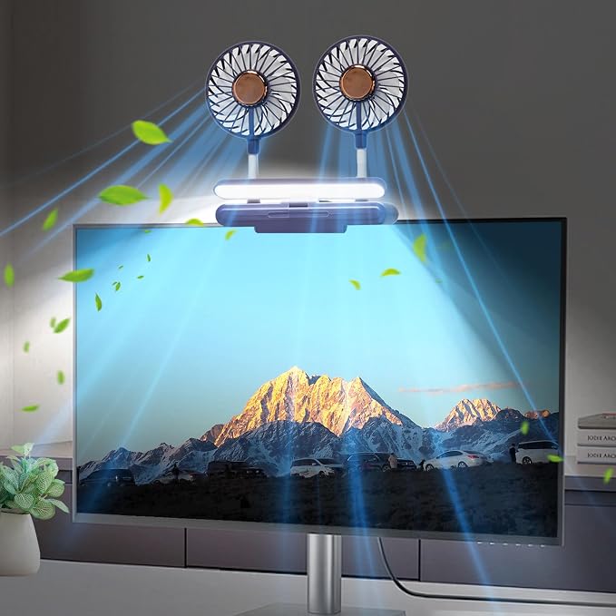 Desktop Fan with LED Lights, Monitor Clip on Fan with 2 Rotatable Heads, 3 Speeds Office Desk Fans Small Quiet Sturdy
