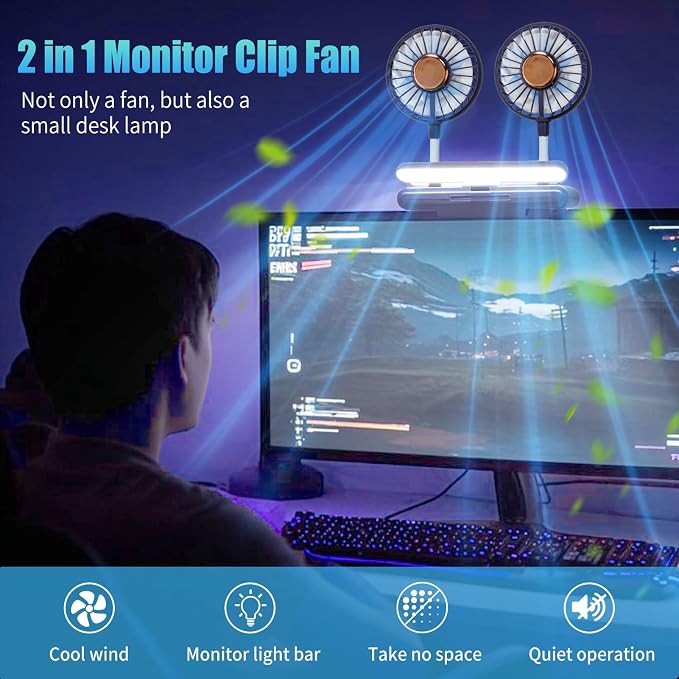 Desktop Fan with LED Lights, Monitor Clip on Fan with 2 Rotatable Heads, 3 Speeds Office Desk Fans Small Quiet Sturdy